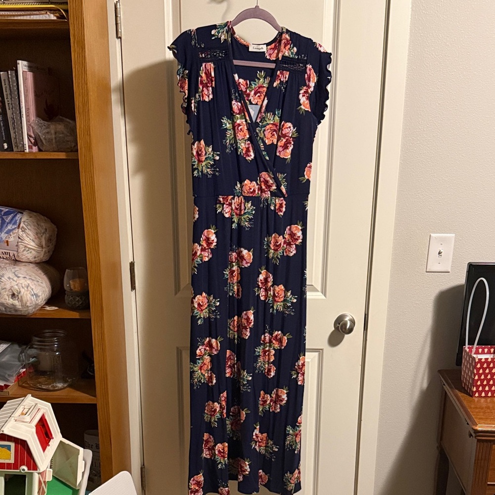 Loveappella Navy Top with Floral Trim